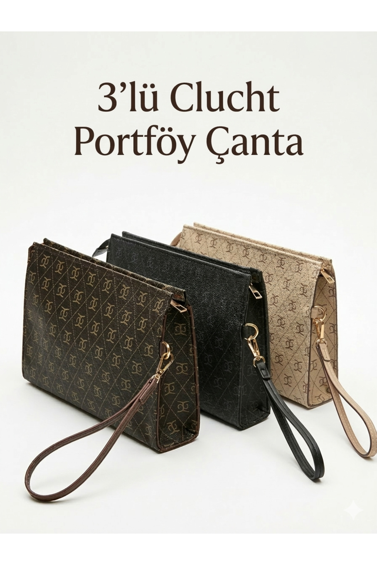 Zeyne Zyn04 3'lü Set Kadın Portföy El Çantası Bilek Askılı Şık Portföy Clutch Çanta Seti Siyah/Vizon/Kahve