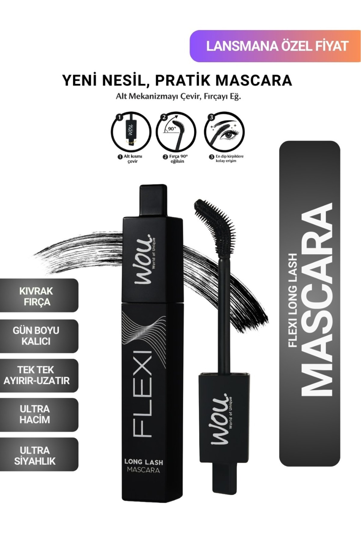 WOU World of Unique Flexi Mascara / Ekstra 4 Etki - Uzun, Kıvrak, Dolgun, Tek Tek Ayıran - Siyah Kirpikler.