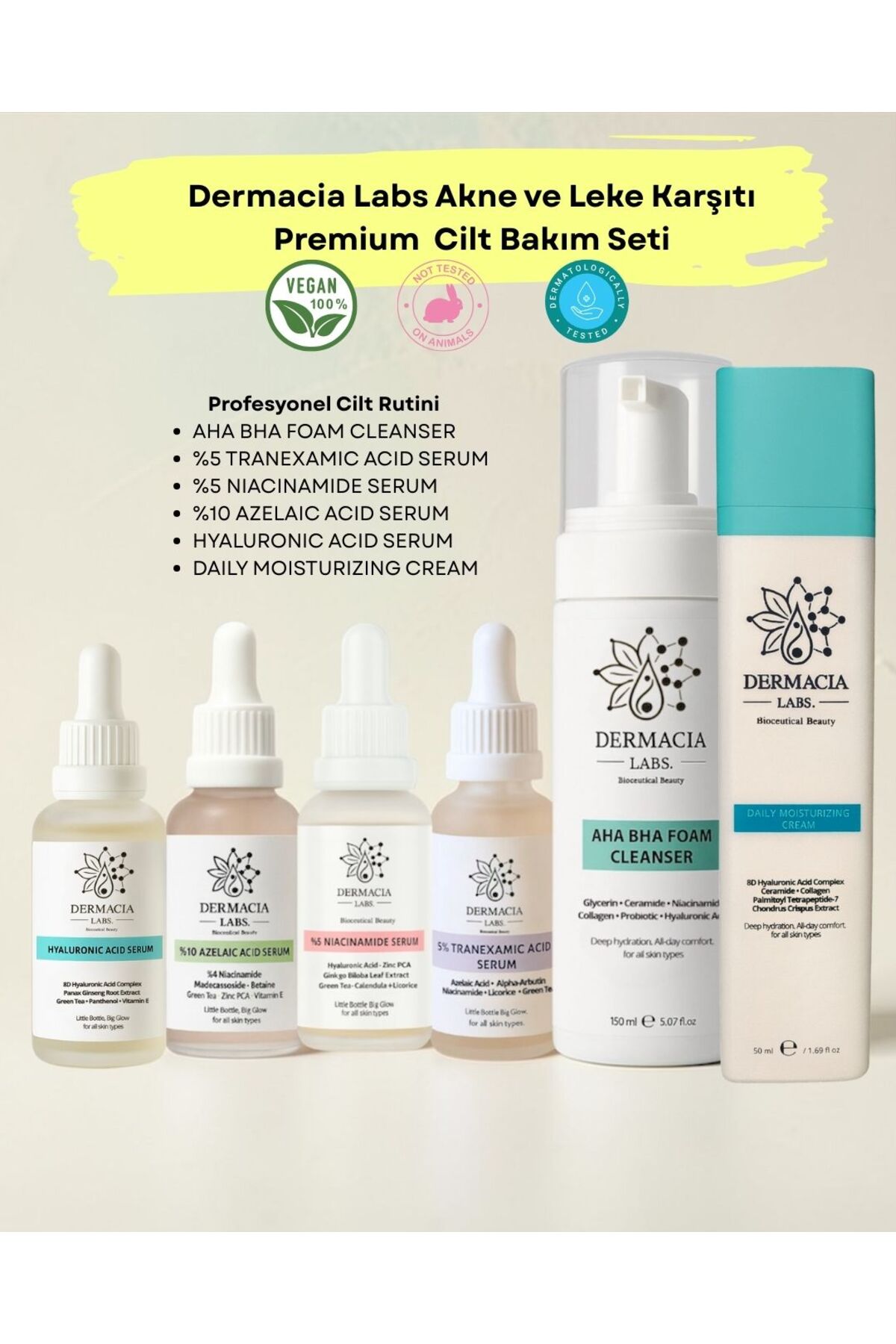 Dermacia Labs Akne ve Leke Karşıtı Premium Cilt Bakım Seti - %5 Traneksamik+%10 Azelaik+%5 Niacinamide (6 ürün)