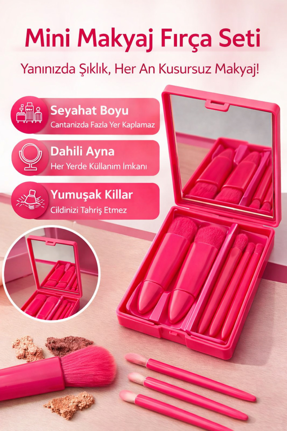 Pastelya Mini Makyaj Fırça Seti – PEMBE Renkli Taşınabilir Kutulu