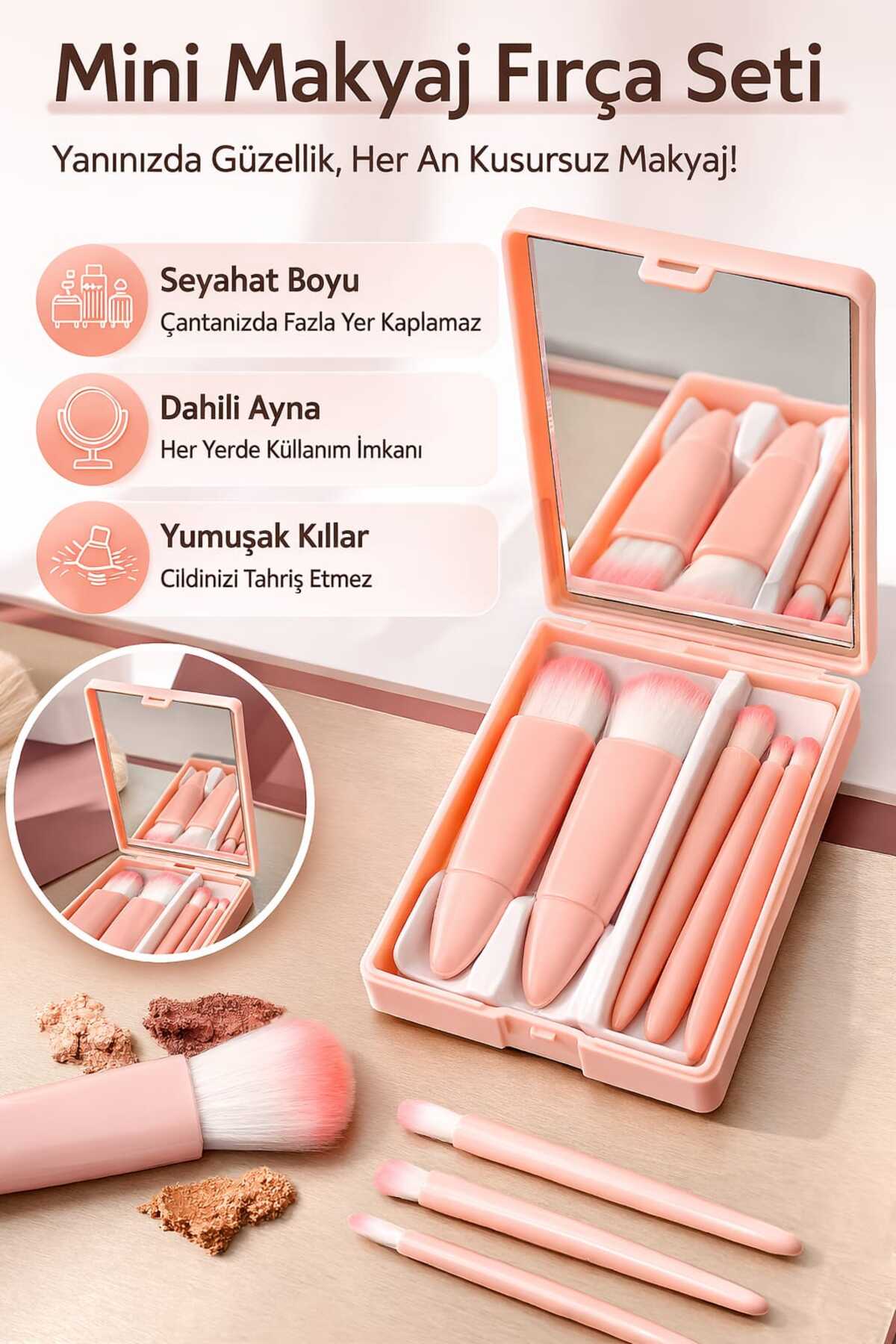 Pastelya Mini Makyaj Fırça Seti – ŞEFTALİ Renkli Taşınabilir Kutulu