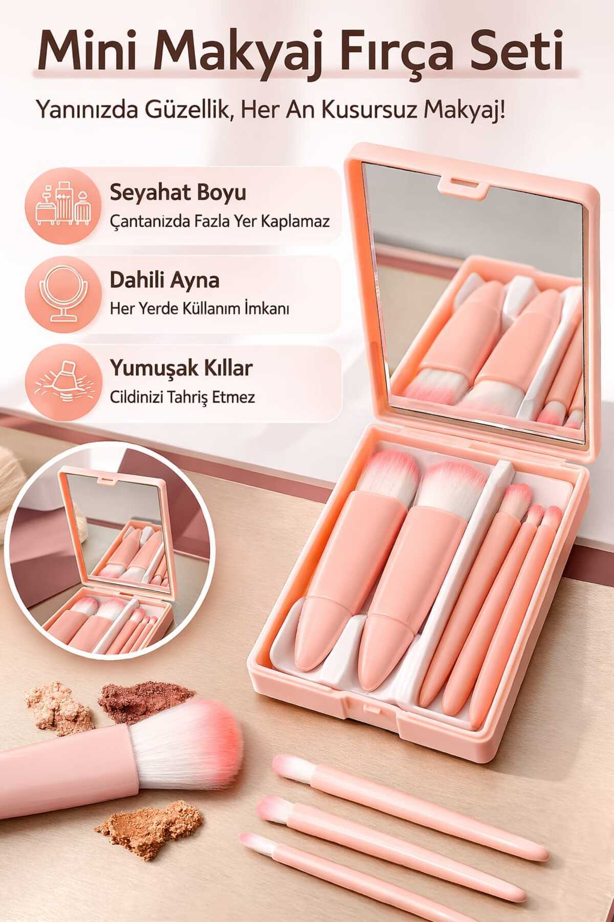 Pastelya Mini Makyaj Fırça Seti – ŞEFTALİ Renkli Taşınabilir Kutulu