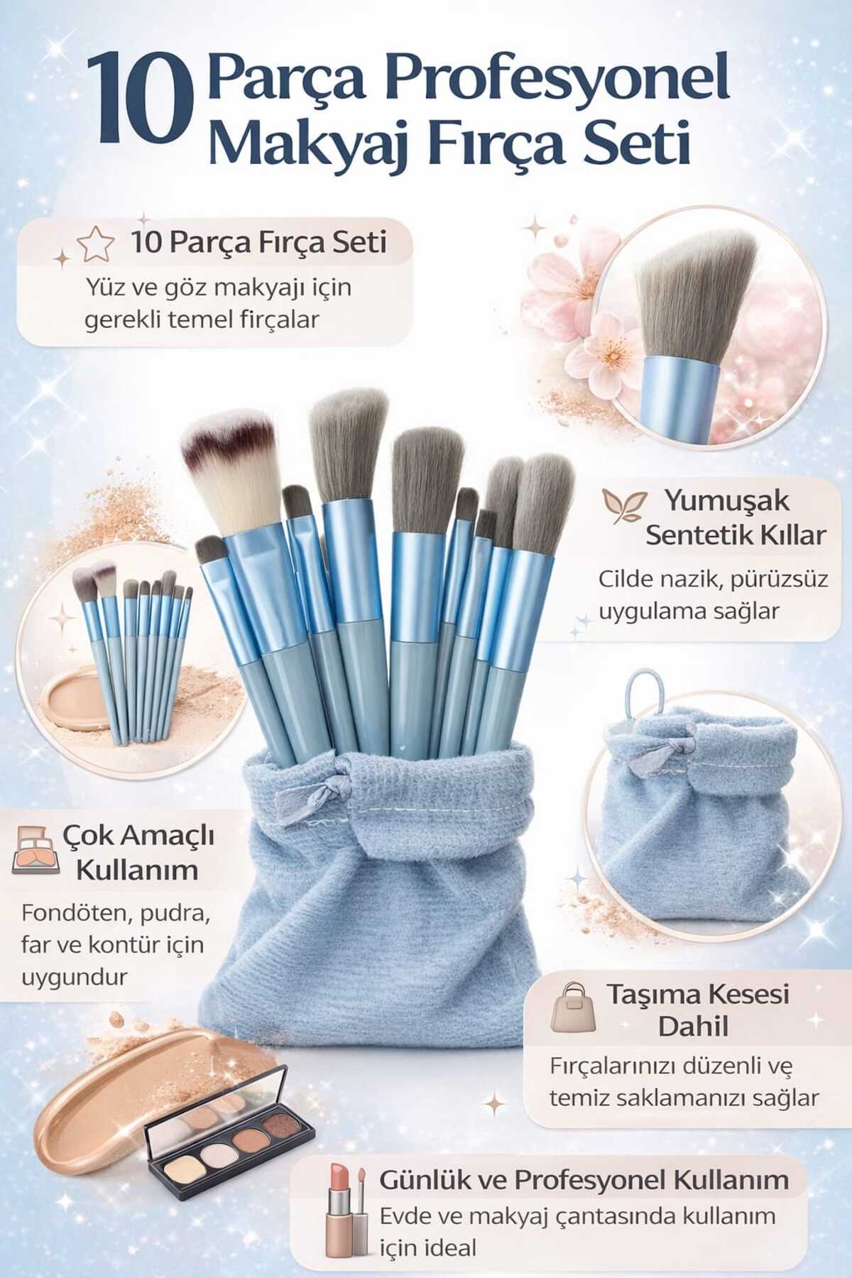 Pastelya Torbalı MAVİ Makyaj Fırça Seti - 10 lu fırça set