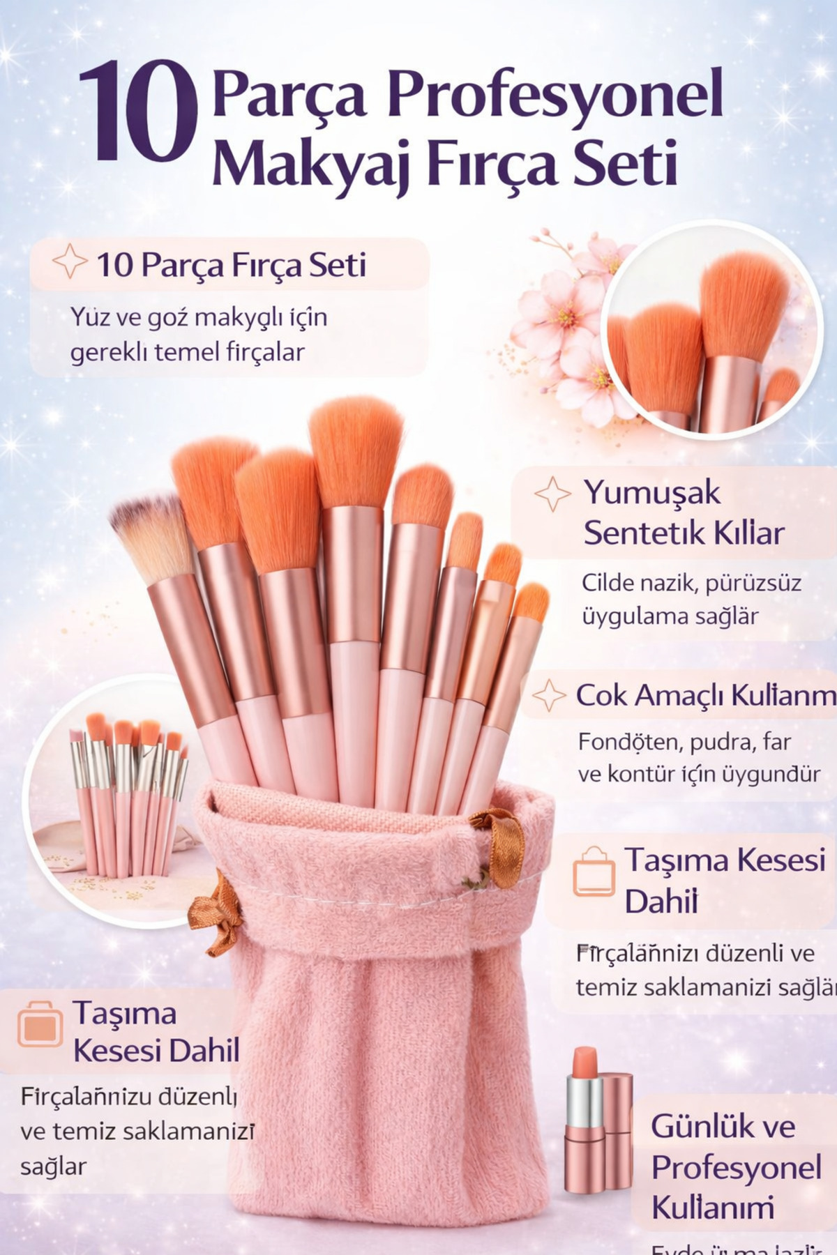 Pastelya Torbalı PEMBE Makyaj Fırça Seti - 10 lu fırça set