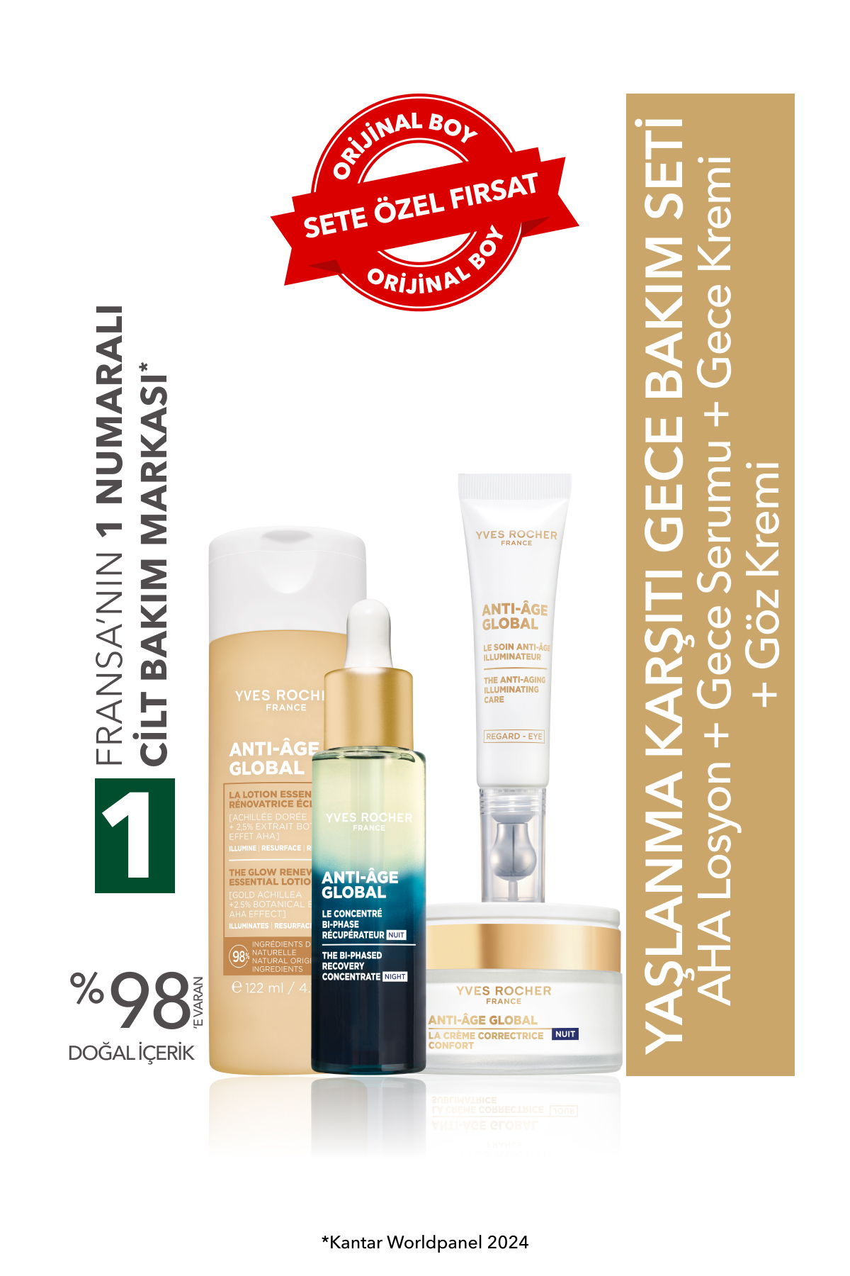 Yves Rocher Yaşlanma Karşıtı Gece Bakım Seti- Gece Serumu 30ml&Gece Kremi 50ml &Göz Kremi 15ml&AHA Losyon 122ml