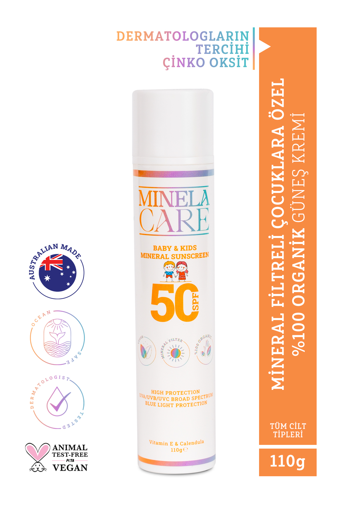 Minela Care Organik Mineral Filtreli Bebek ve Çocuk Güneş Kremi SPF 50 110 g %25 Non-Nano Çinko Oksit