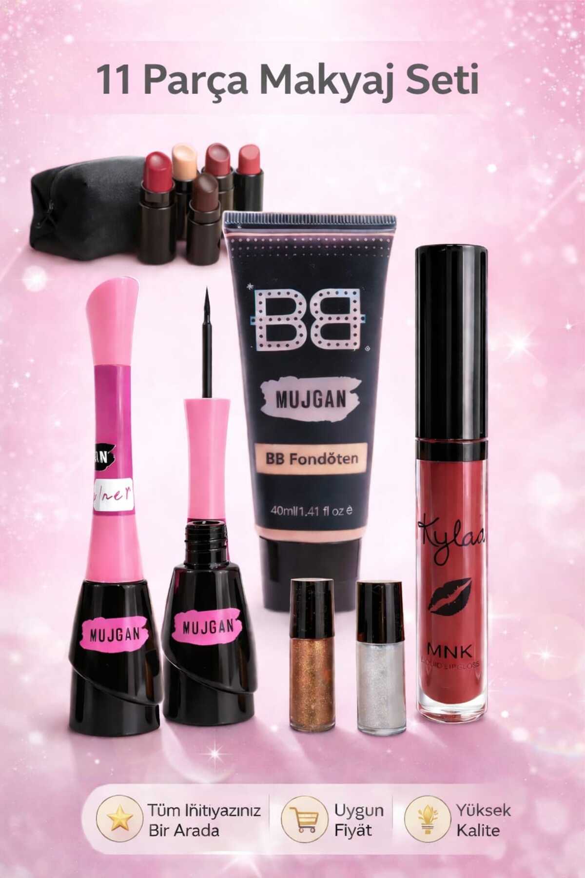 MUJGAN 11 Parça Makyaj Seti – BB Fondöten, Eyeliner, Likit Ruj, Far ve Makyaj Çantası