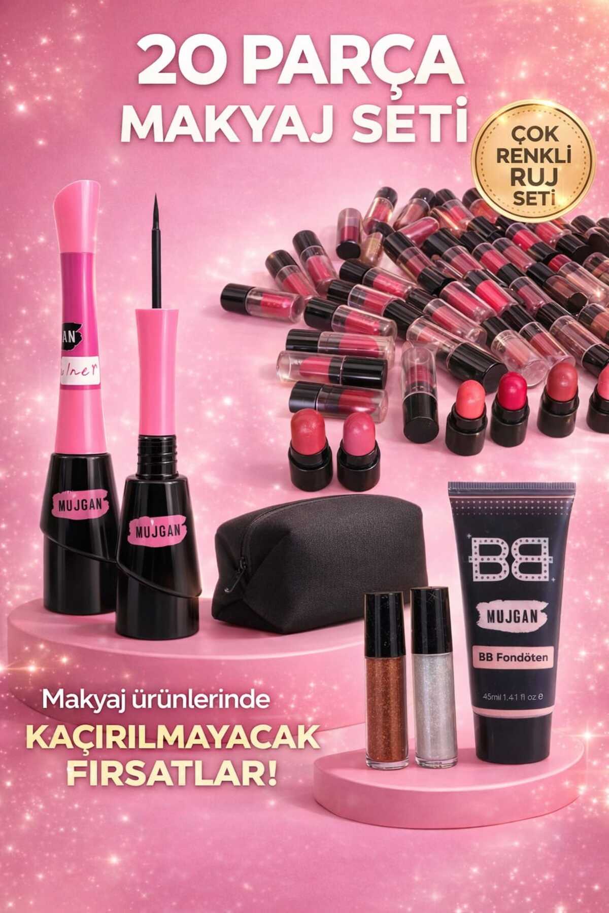 MUJGAN 20 Parça Makyaj Seti – Mini Ruj Seti, BB Fondöten, Eyeliner ve Makyaj Çantası
