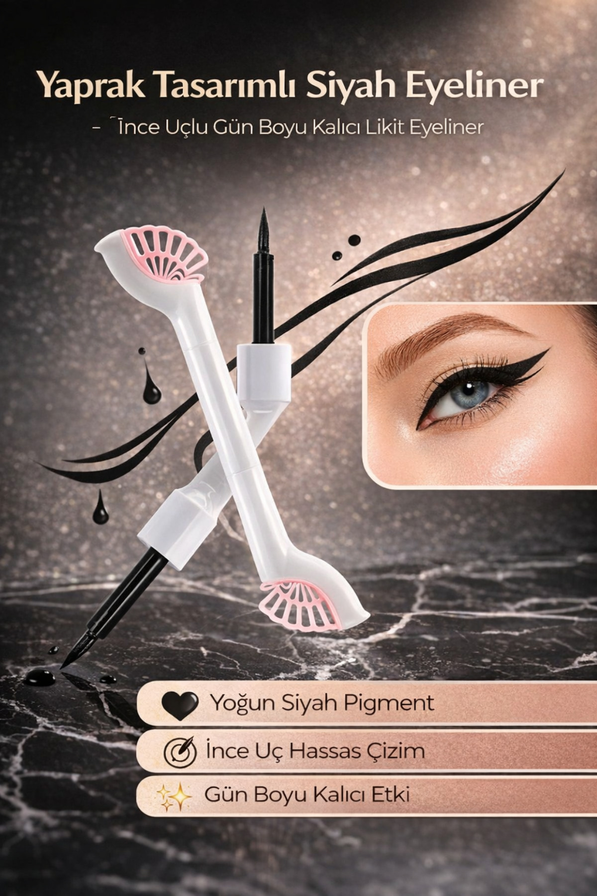 Hane Dostu Yaprak Tasarımlı Siyah Eyeliner – İnce Uçlu Gün Boyu Kalıcı Likit Eyeliner