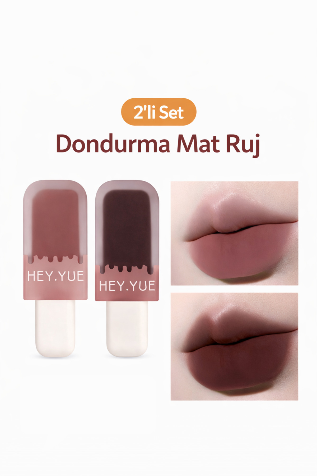 Kozmetik Hey.Yue 2'li Likit Mat Ruj Seti - Dondurma Tasarım Uzun Süre Kalıcı & Suya Dayanıklı
