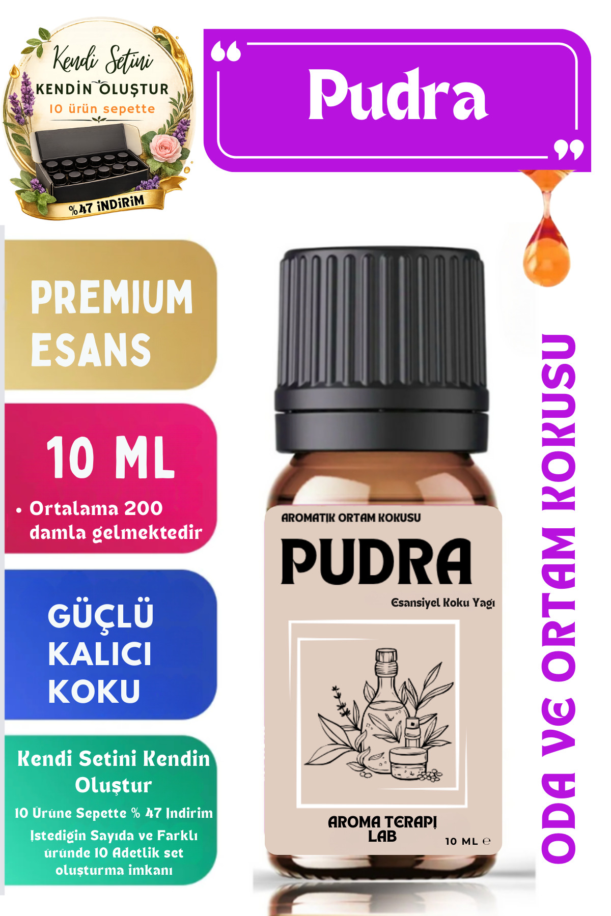 Aroma Terapi Lab Pudra - Esansiyel Koku Yağı - Oda Ve Ortam Kokusu - Aromatik Uçucu Yağ 10ml
