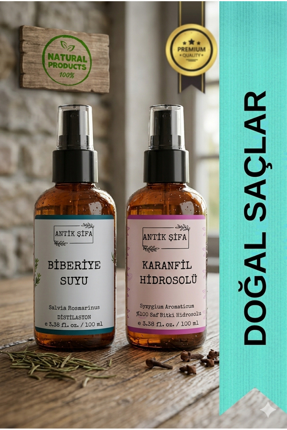 Antik Şifa Biberiye Suyu Ve Karanfil Suyu Seti - Doğal Biberiye Saç Toniği Seti (2X100ML)