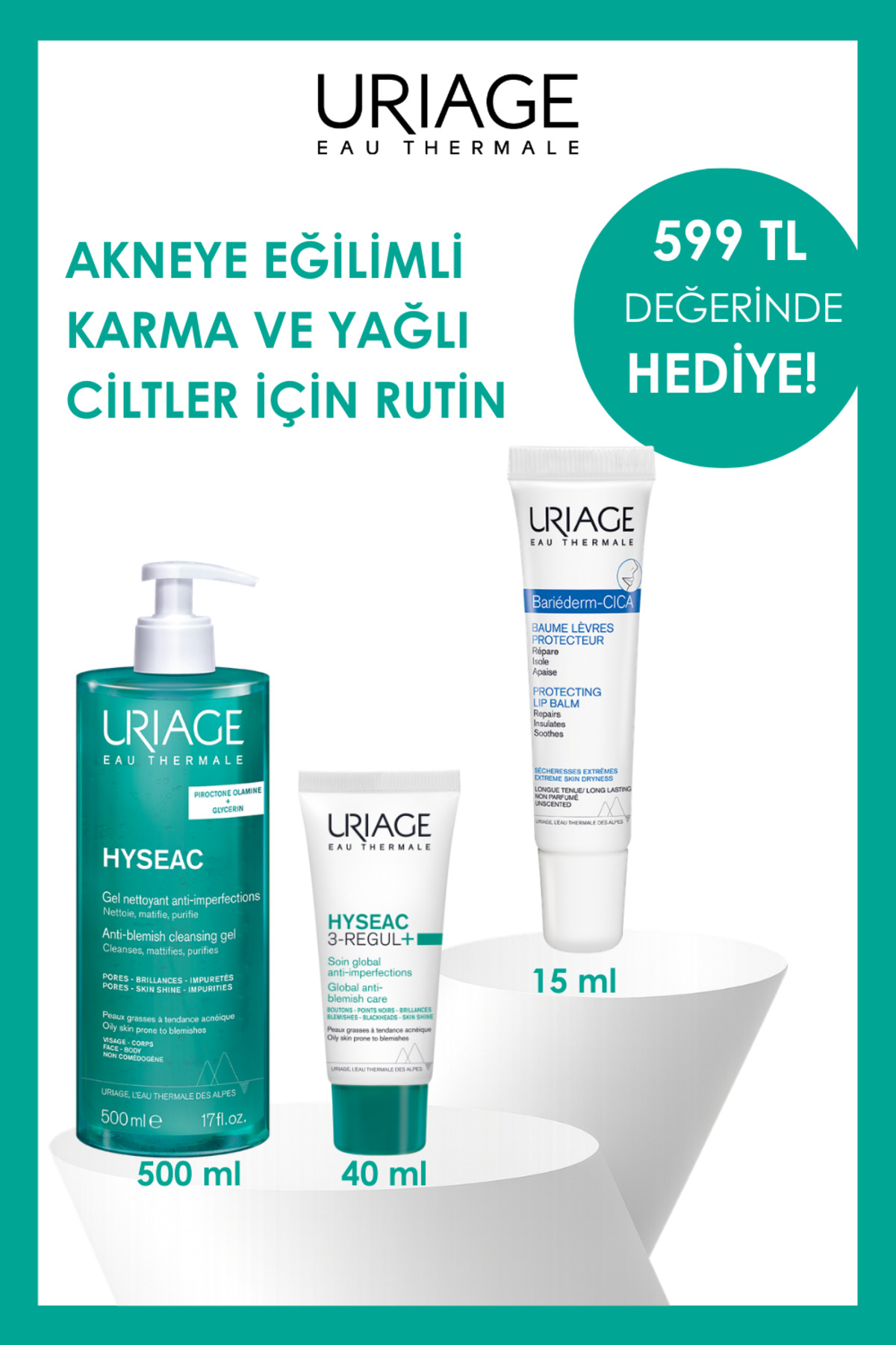 Uriage Yağlı Ciltler İçin Temizleme Jeli 500 ml + 3Regul+ Krem 40 ml + 15 ml Dudak Kremi Hediye
