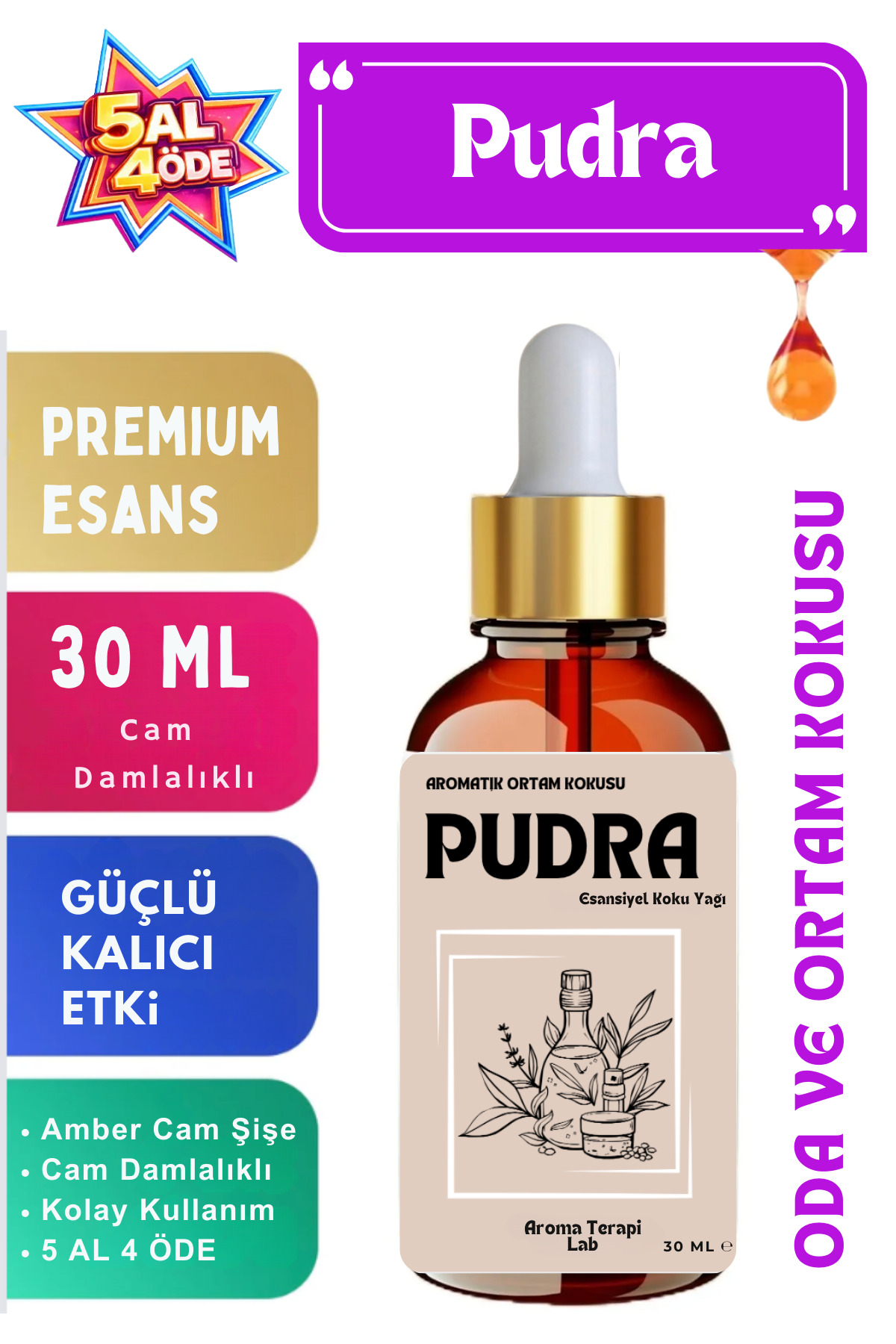 Aroma Terapi Lab PUDRA - Esansiyel Koku Yağı - Oda ve Ortam Kokusu - Aromatik Uçucu Yağ 30ML