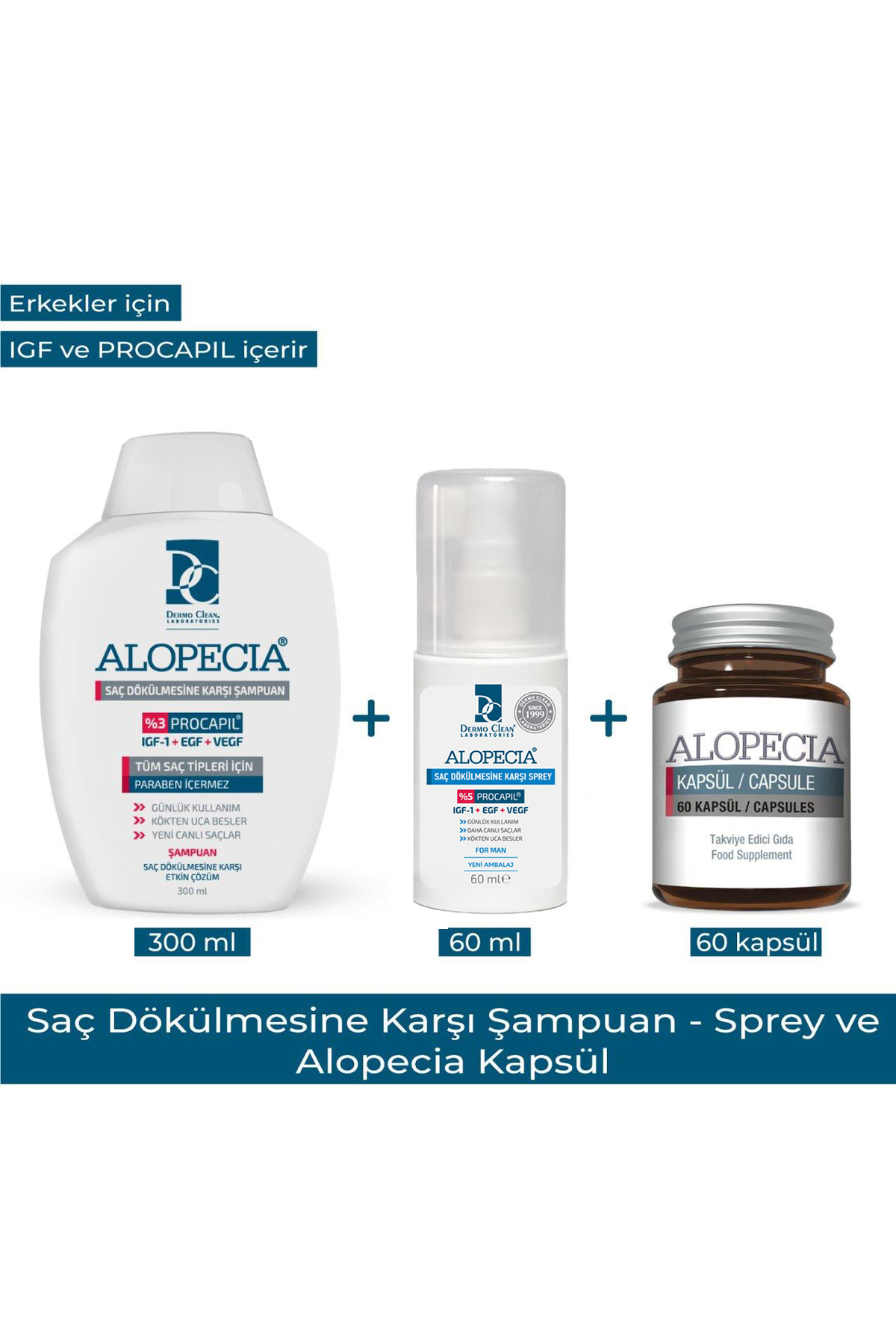Alopecia Erkek Procapil Ve Igf Içerikli Saç Dökülmesine Karşı Şampuan & Saç Spreyi & 60 Kapsül Seti