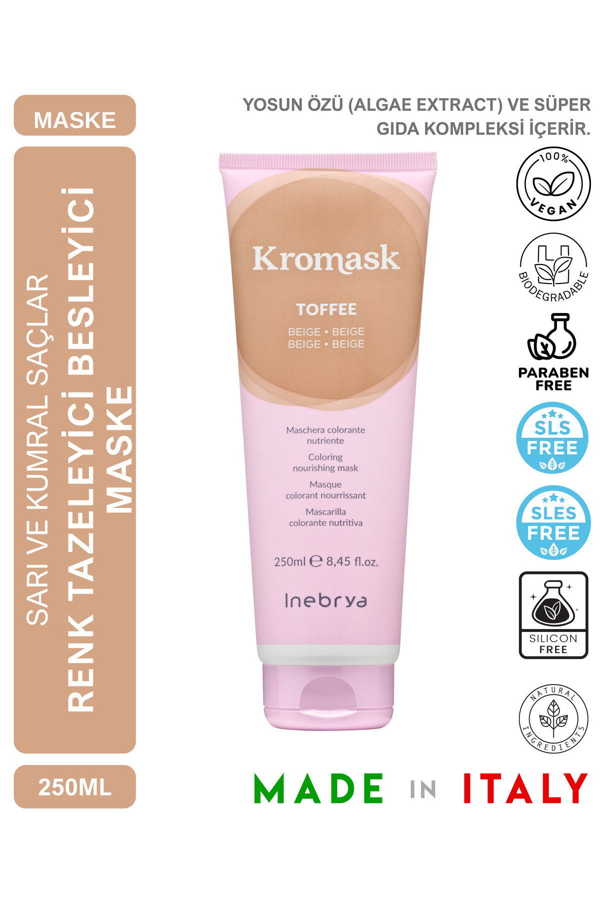 Inebrya Kromask Bej Pigment Maske 250 ml | Toffee ve Bej Tonlu Saçlar İçin Renk Tonlayıcı Bakım