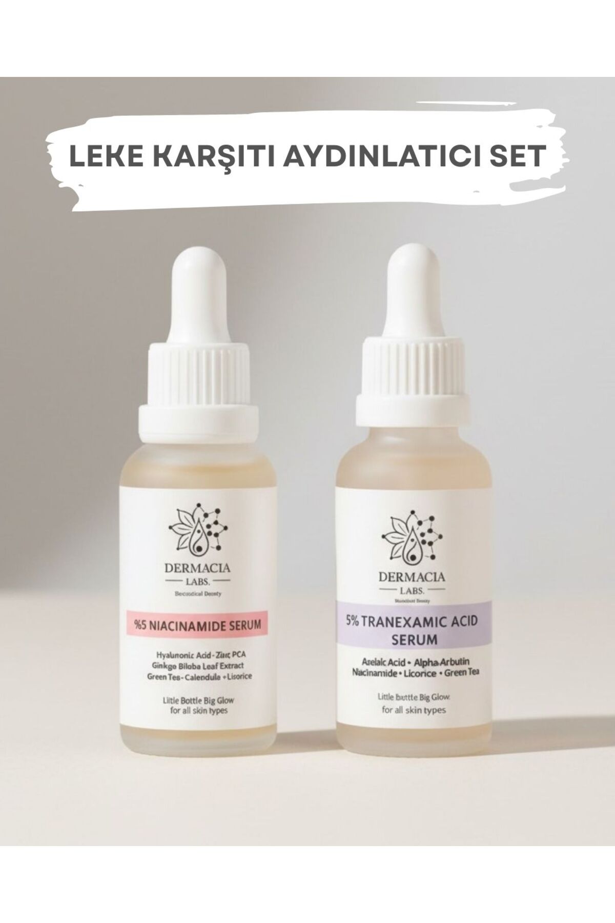 Dermacia Labs Leke Karşıtı Aydınlatıcı Serum Seti | %5 Tranexamic (Traneksamik) Acid, %5 Niacinamide Serum, Azelaik, Malezma Karşıtı