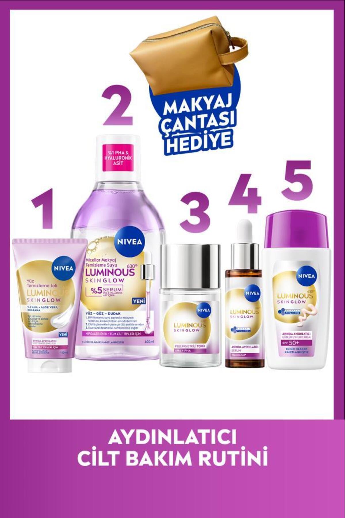 NIVEA Aydınlatıcı Bakım Rutini,Makyaj Temizleme Suyu,Temizleme Jeli,Tonik, Serum ve Yüz Kremi,Çanta Hediye