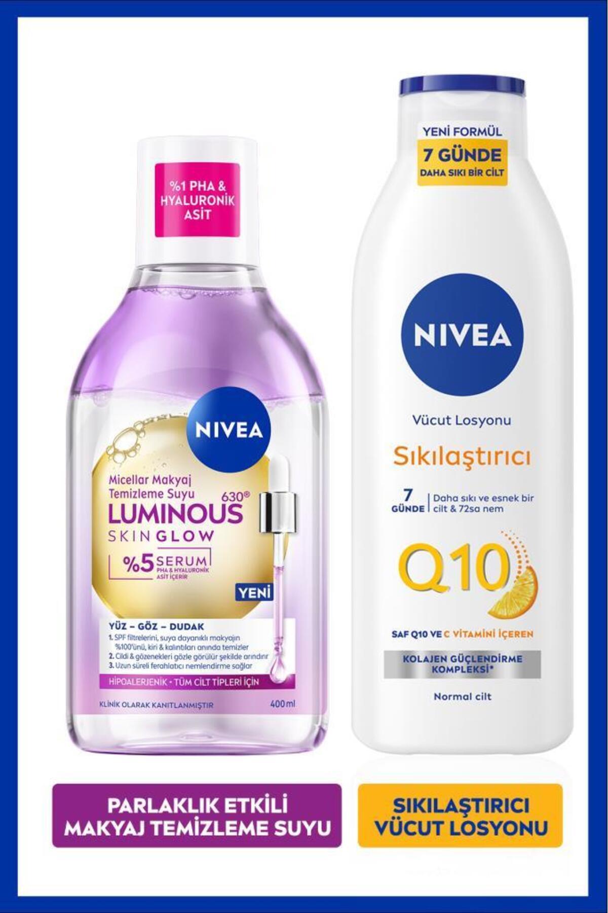 NIVEA Luminous630 Skin Glow Micellar Makyaj Temizleme Suyu 400ml ve Q10 Sıkılaştırıcı Vücut Losyonu 250ml