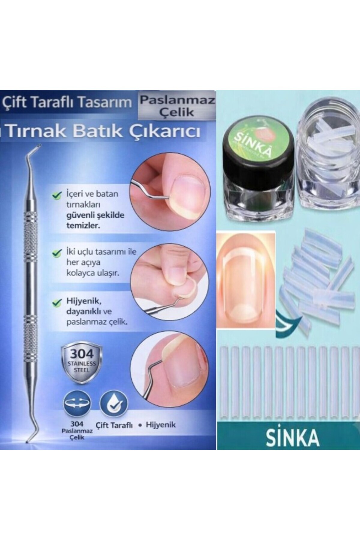 SİNKA Pedikür Batık Tırnak Klips Plastik 10 PCS + Küret Kronk Metal Aparat 2'Li Set
