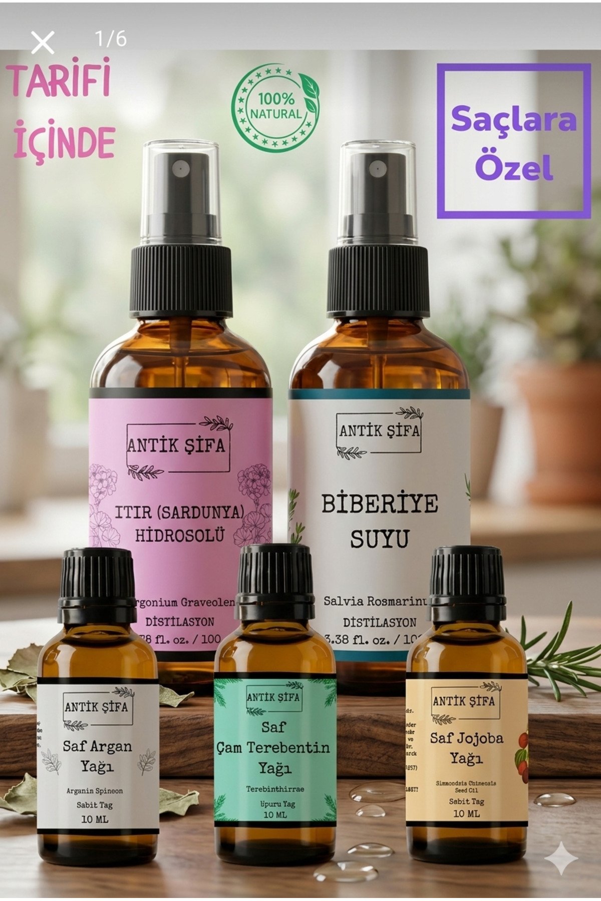 Antik Şifa Doğal Saç Bakım Yağı Ve Doğal Biberiye Suyu Seti, Argan, Jojoba, Çam Terebentin Yağı, Biberiye Suyu