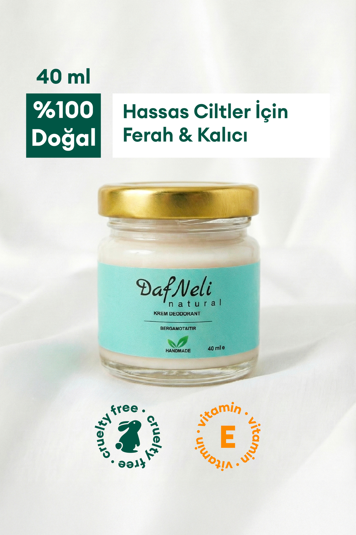 DAFNELİ %100 Doğal Krem Deodorant, Ter koku önleyici, Hassas Ciltler İçin Uygun, Ferah, 40 ml