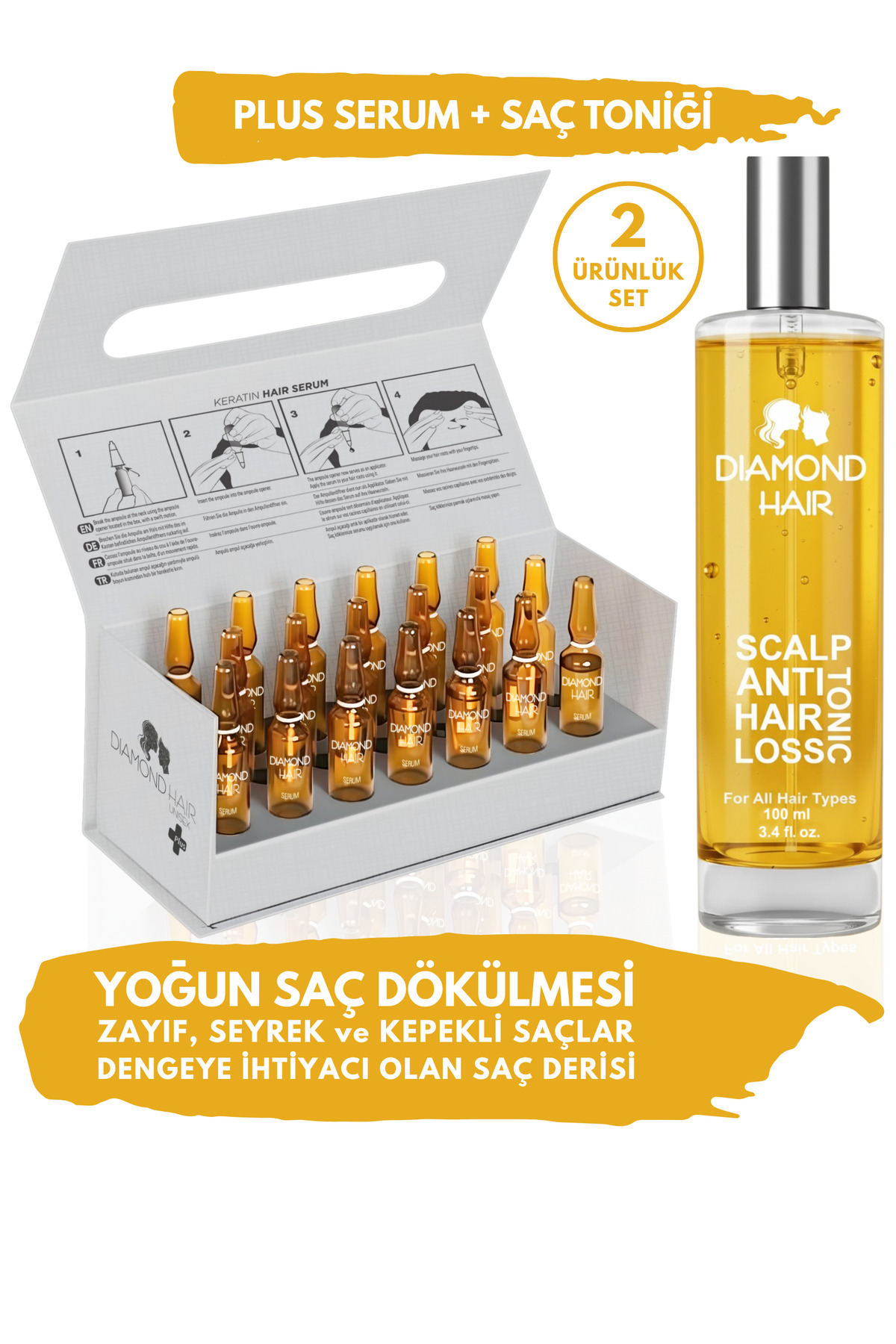 DIAMOND HAIR Saç Bakım Seti: Plus Saç Serumu + Scalp Tonic Saç Toniği Saç Dökülmesi Gürleştirici Hızlı Saç Uzatma