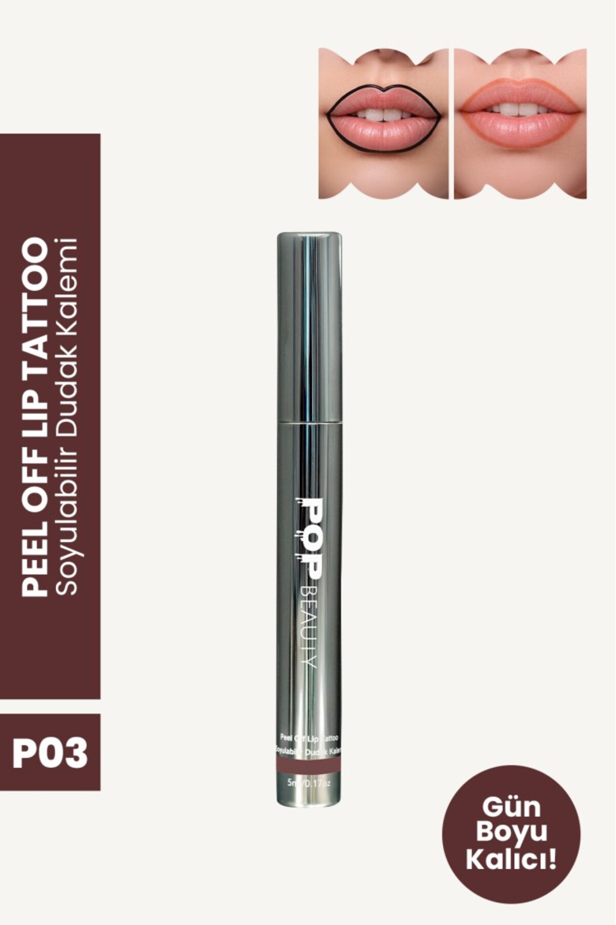 POP Beauty Soyulabilir Dudak Kalemi - Peel-Off Lip Tattoo, P03, KAHVERENGİ 8684415590321