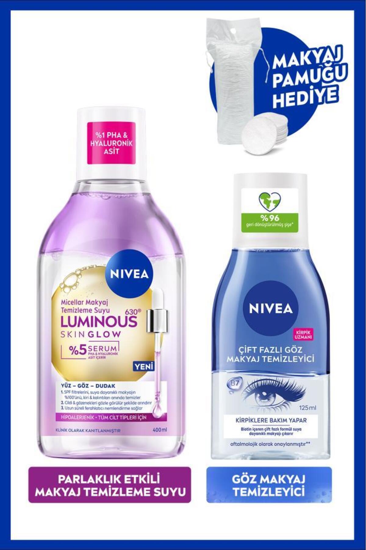 NIVEA Skin Glow Parlaklık Etkili Micellar Makyaj Temizleme Suyu ve Göz Makyaj Temizleyici 125ml, Pamuk