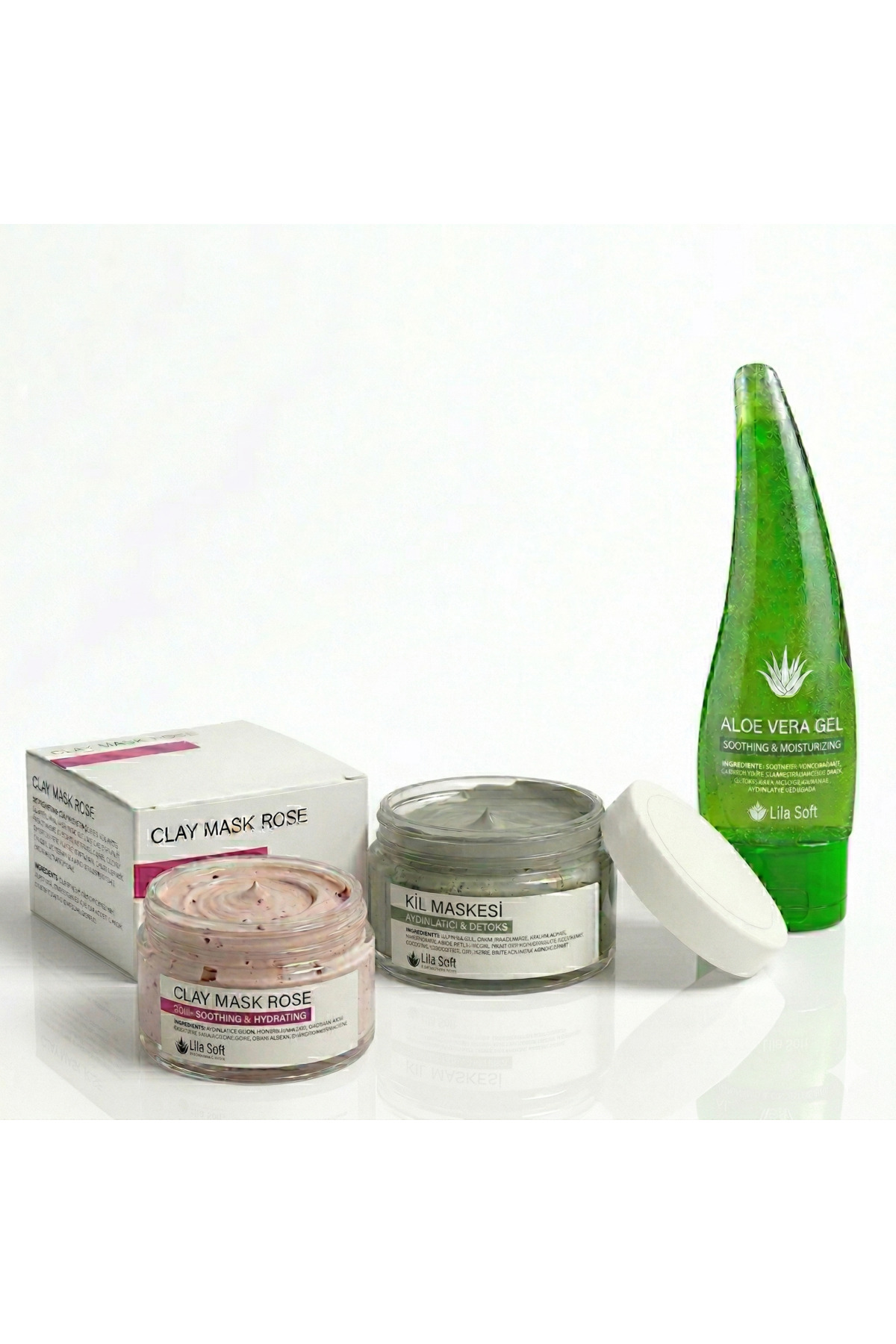 Lila Soft 3’lü Set - Saf Kil Maskesi + Gül Özlü Leke Karşıtı Maske - Aloe Vera Jel