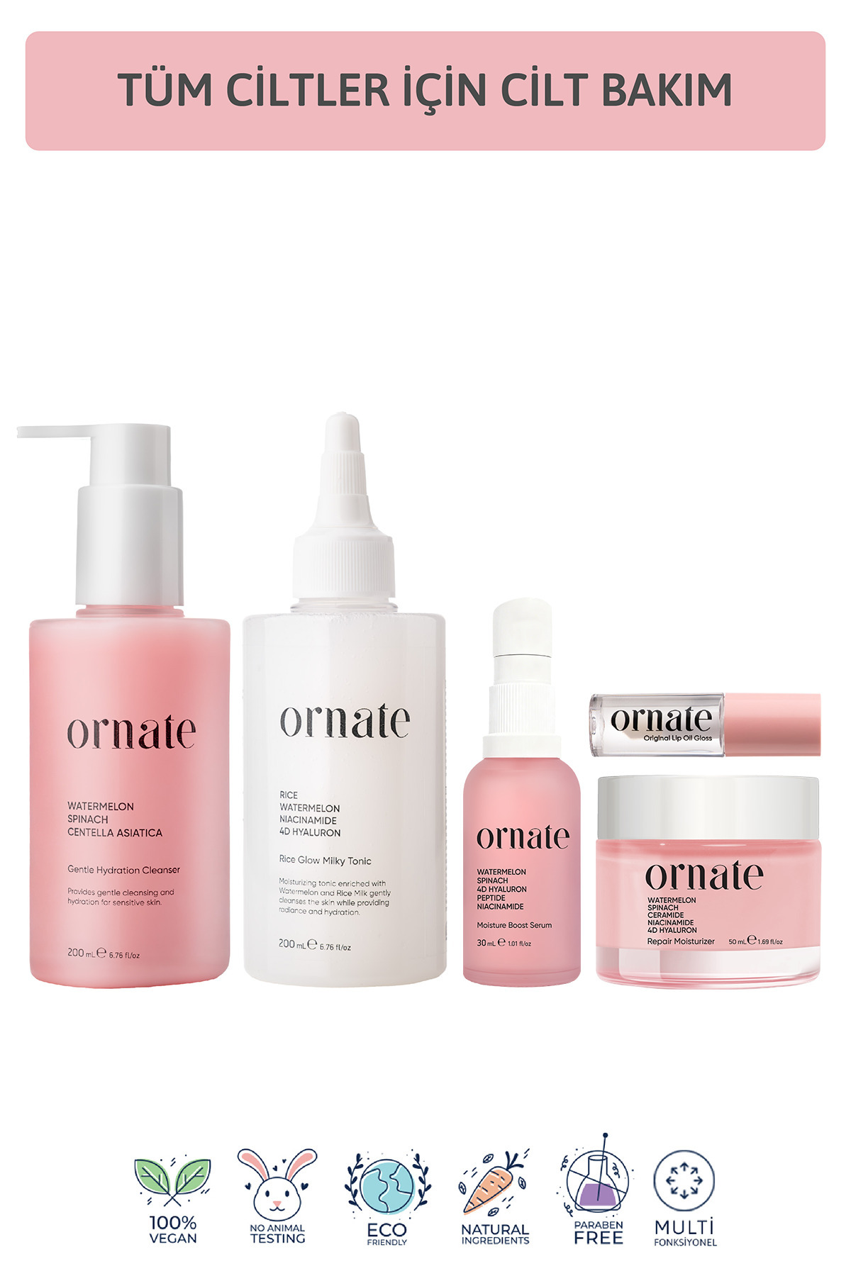 ORNATE Tüm Ciltler için Nemlendirici ve Aydınlatıcı Peptit, Hyalüronik Asit, Niacinamide İçeren Bakım Seti