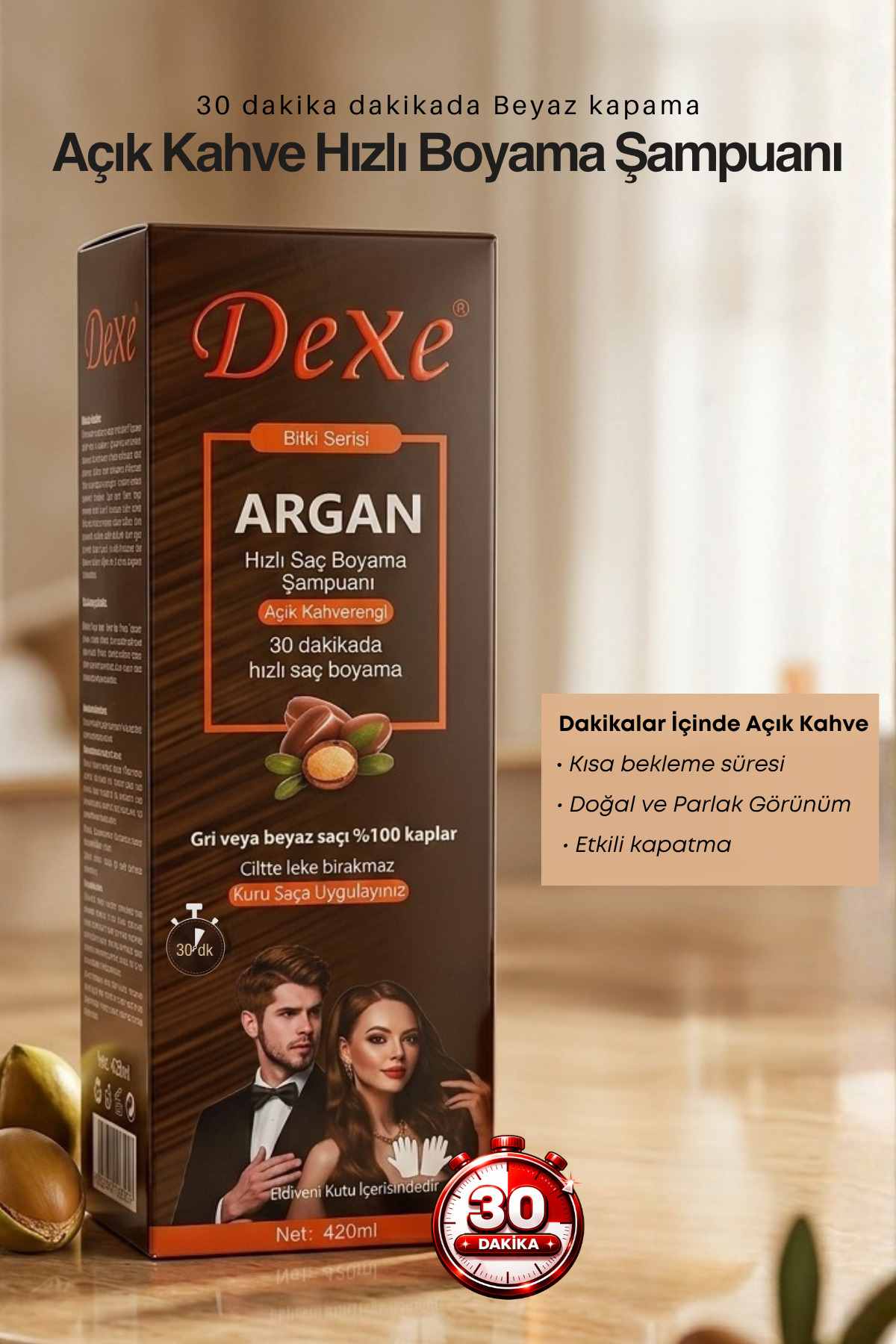 Dexe Argan Özlü Açık Kahverengi Saç Boyama Şampuanı 420 ml – 30 Dakikada %100 Beyaz Kapatma