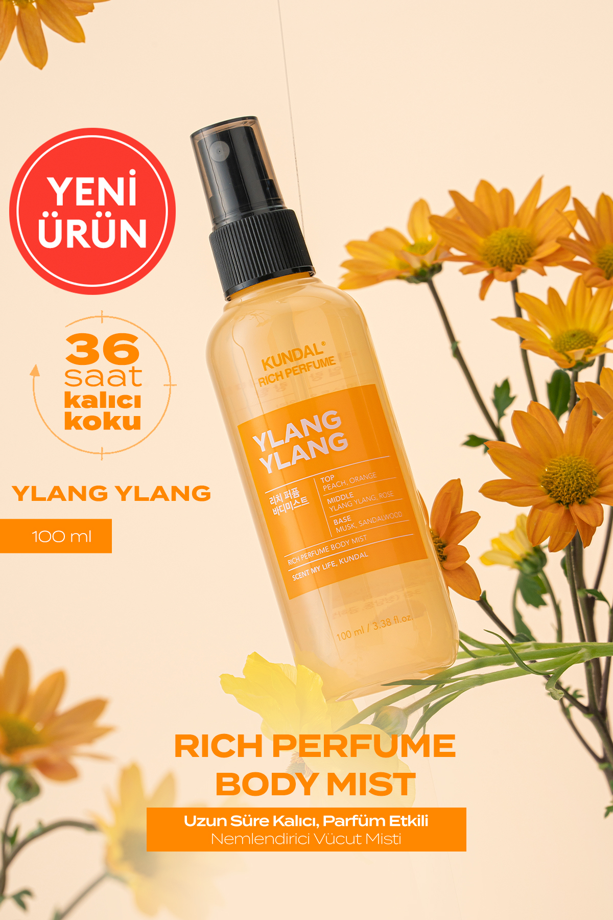 Kundal Parfüm Etkili, Nemlendirici Vücut Misti Rich Perfume Body Mist 100ml (Ylang Ylang)