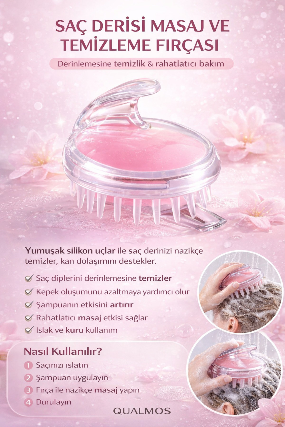 SEVRU Duş Tarağı Silikon Kafa Masajı Saç Yıkama Tarak Saç Derisine Masaj Yapan Duş Fırçası