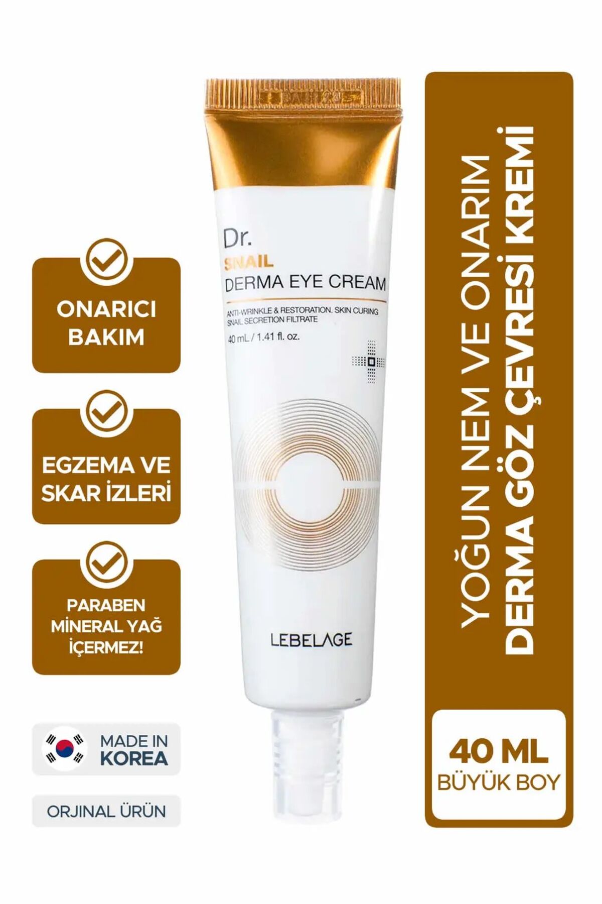 LEBELAGE ve Kırışıklık Karşıtı Salyangoz Özlü Nemlendirici Göz Kremi Dr. Snail Derma Eye Cream 40 ML