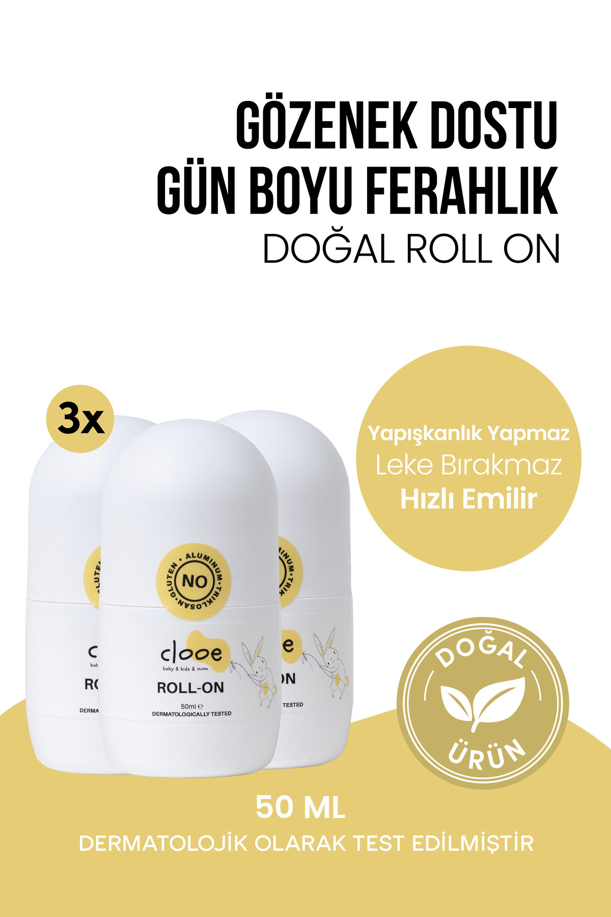 clooe Doğal Roll On Unisex Ter Kokusu Önleyici (50ML) Gözenek Kapatmaz, Karartma Yapmaz 3'lü Fırsat Paketi