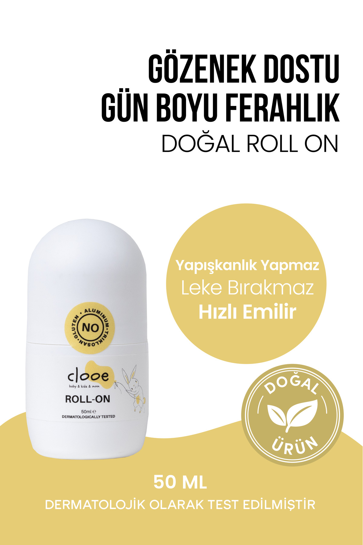 clooe Doğal Roll On Unisex Ter Kokusu Önleyici (50ML) - Lekesiz, Fresh, Gözenek Kapatmaz, Karartma Yapmaz