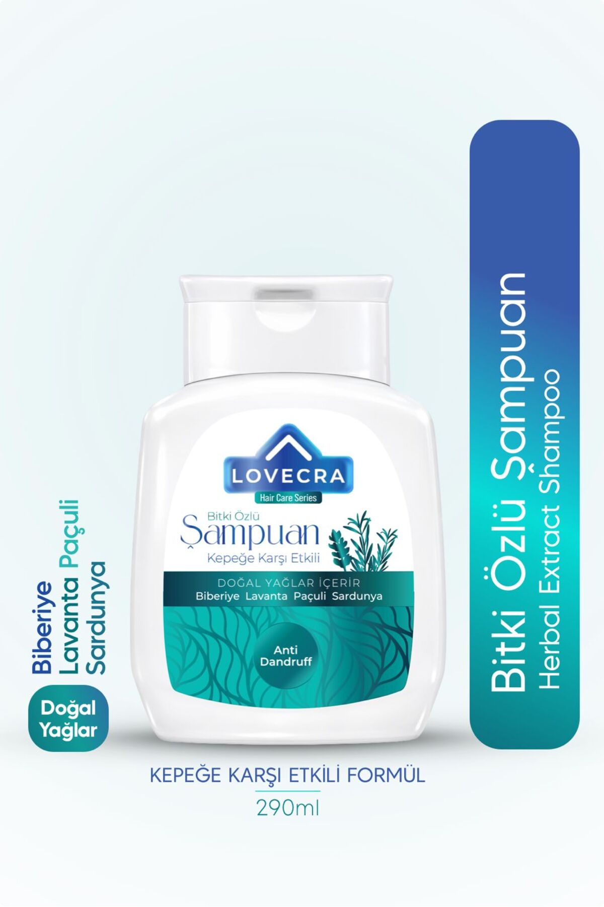 LOVECRA Kepekli Saçlar İçin Şampuan Biberiye Lavanta Paçuli Sardunya Yağı Bitki Özlü Bakım 290 ml