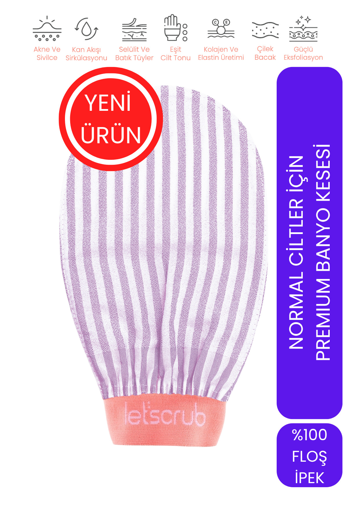 LET'SCRUB Premium Ekru Mor Zebra Banyo Duş Kesesi Peeling Eldiveni %100 Floş Ipek Normal Ciltler Için