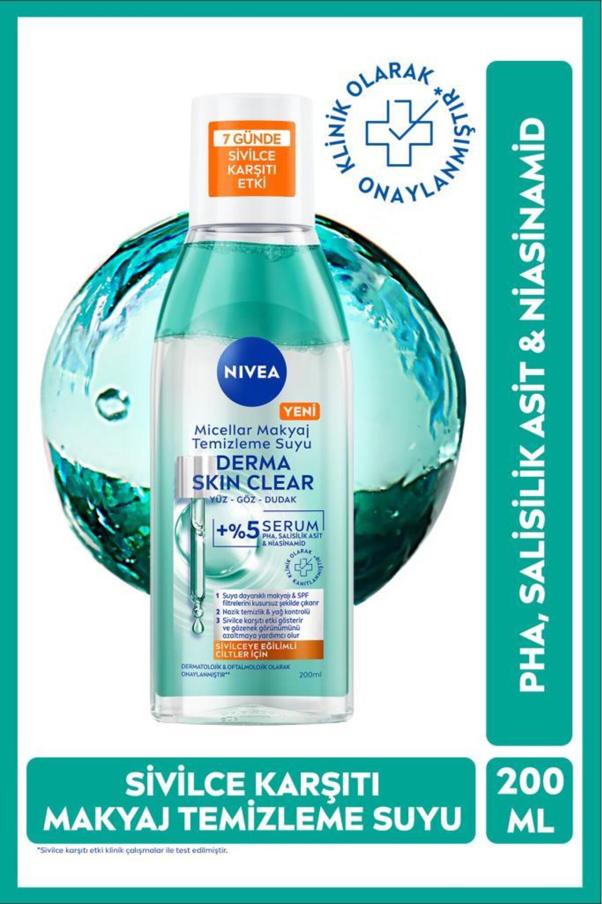 NIVEA Micellar Makyaj Temizleme Suyu Derma Skin Clear 200 ml, Karşıtı,Niasinamid,Salisilik Asit,PHA