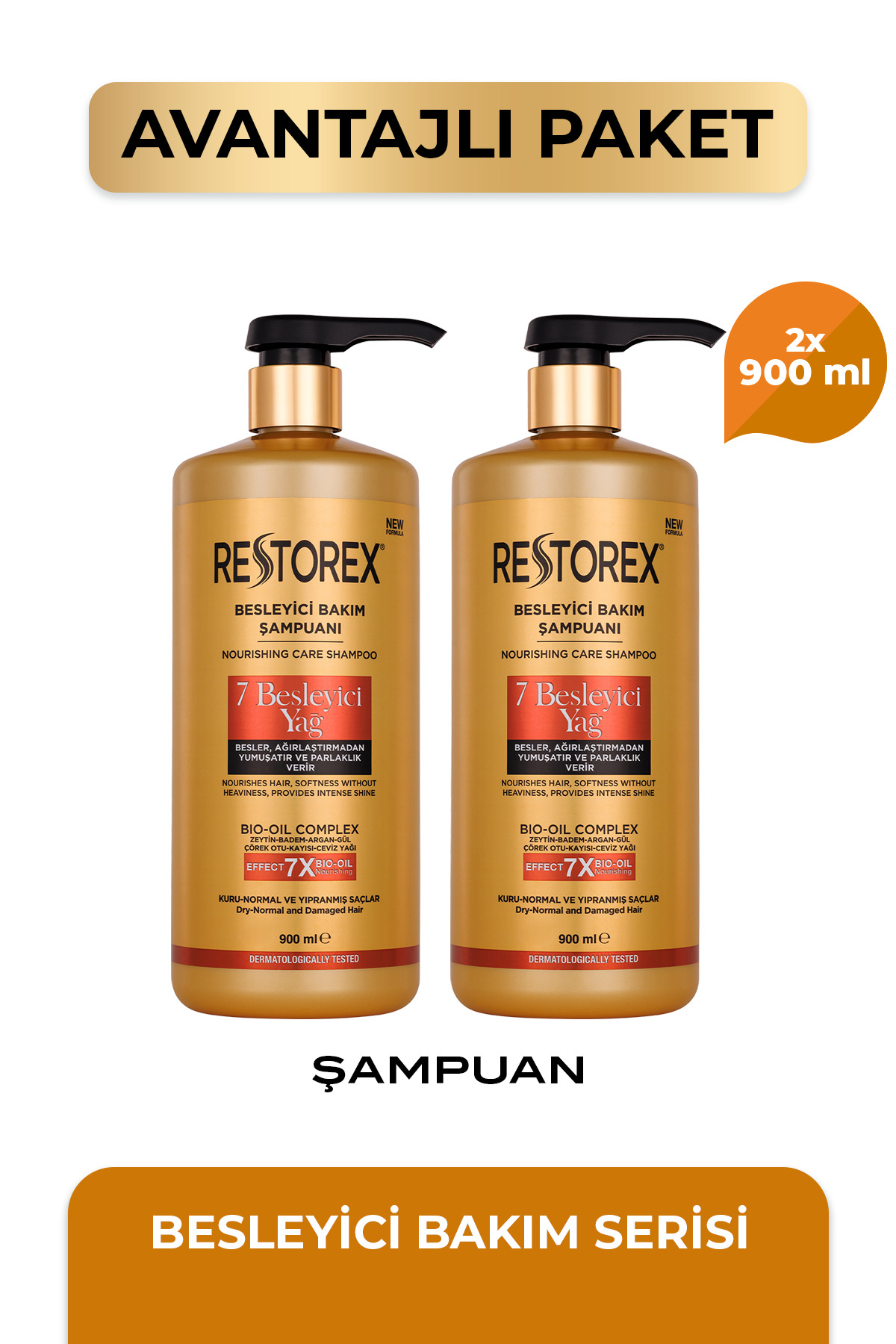 Restorex 7 Besleyici Yağ Şampuan 2 x 900 ml – Parlaklık ve İpeksi Yumuşaklık