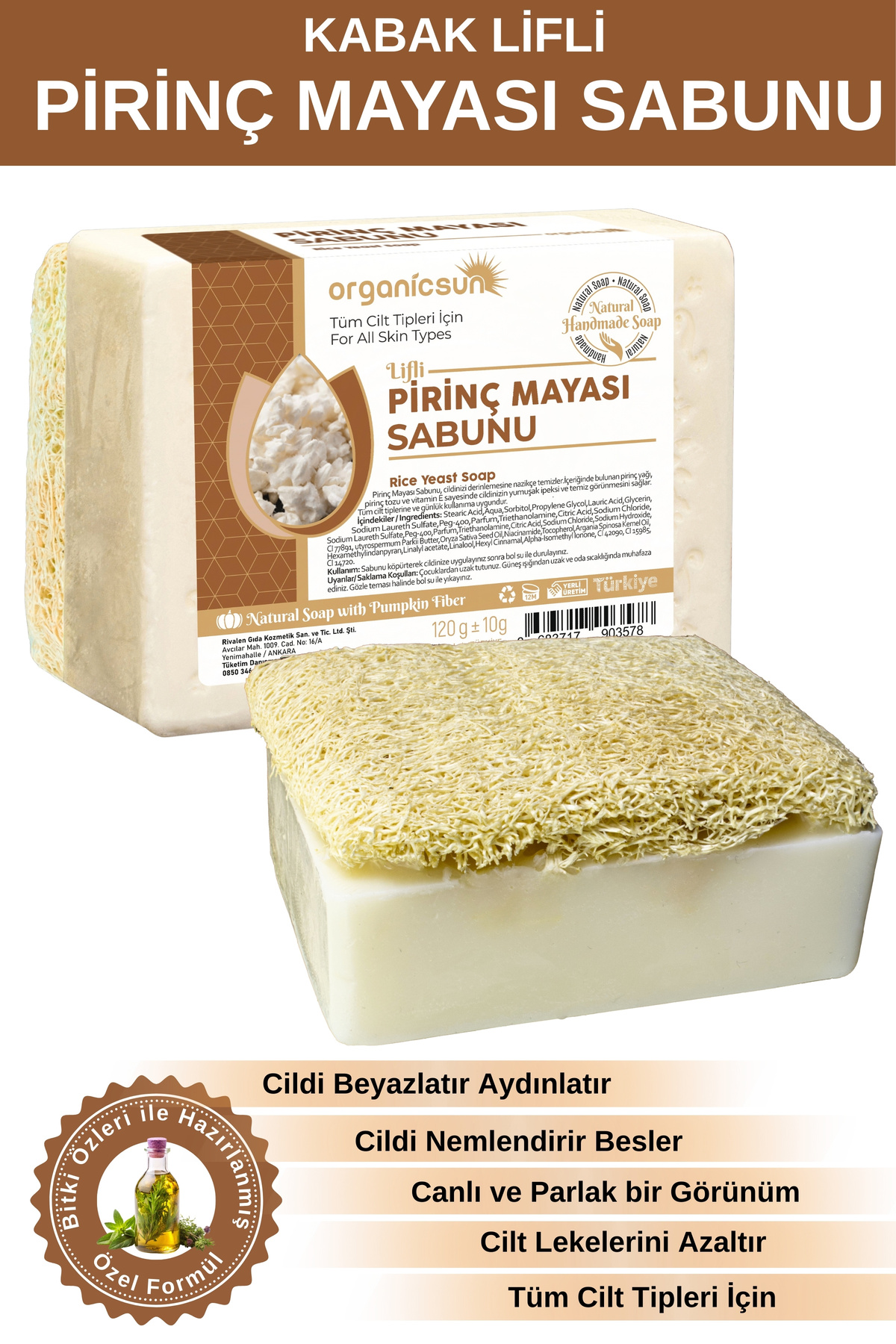 Organicsun Doğal Kabak Lifli Pirinç Mayası Sabunu 120 Gr - Tüm Cilt Tipleri - Beyazlatıcı ve Aydınlatıcı Etkili