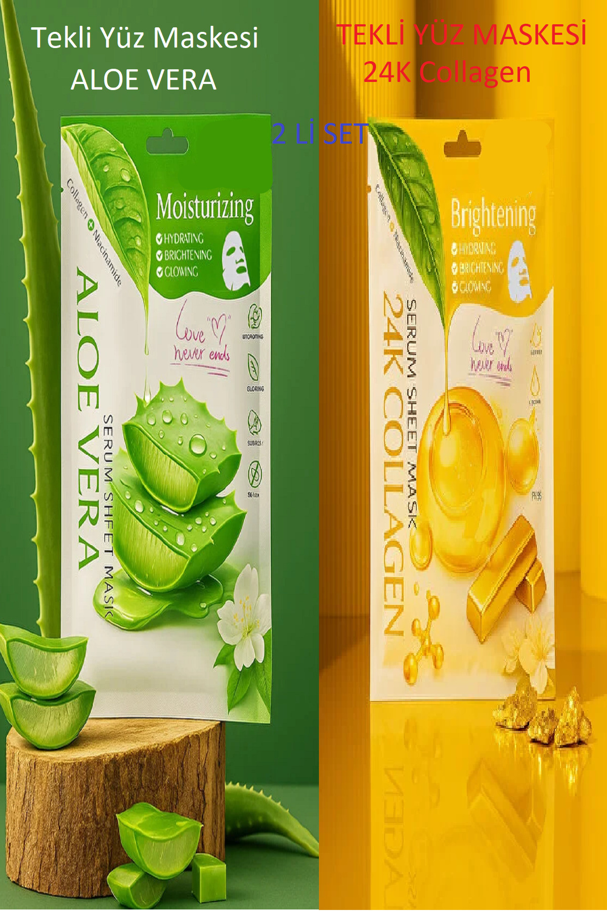 aks kozmetik 2li set Aloe Vera+24k Altın Parçacıklı Arındırıcı Gözenek Sıkılaştırıcı Yüz Temizleme maskesi