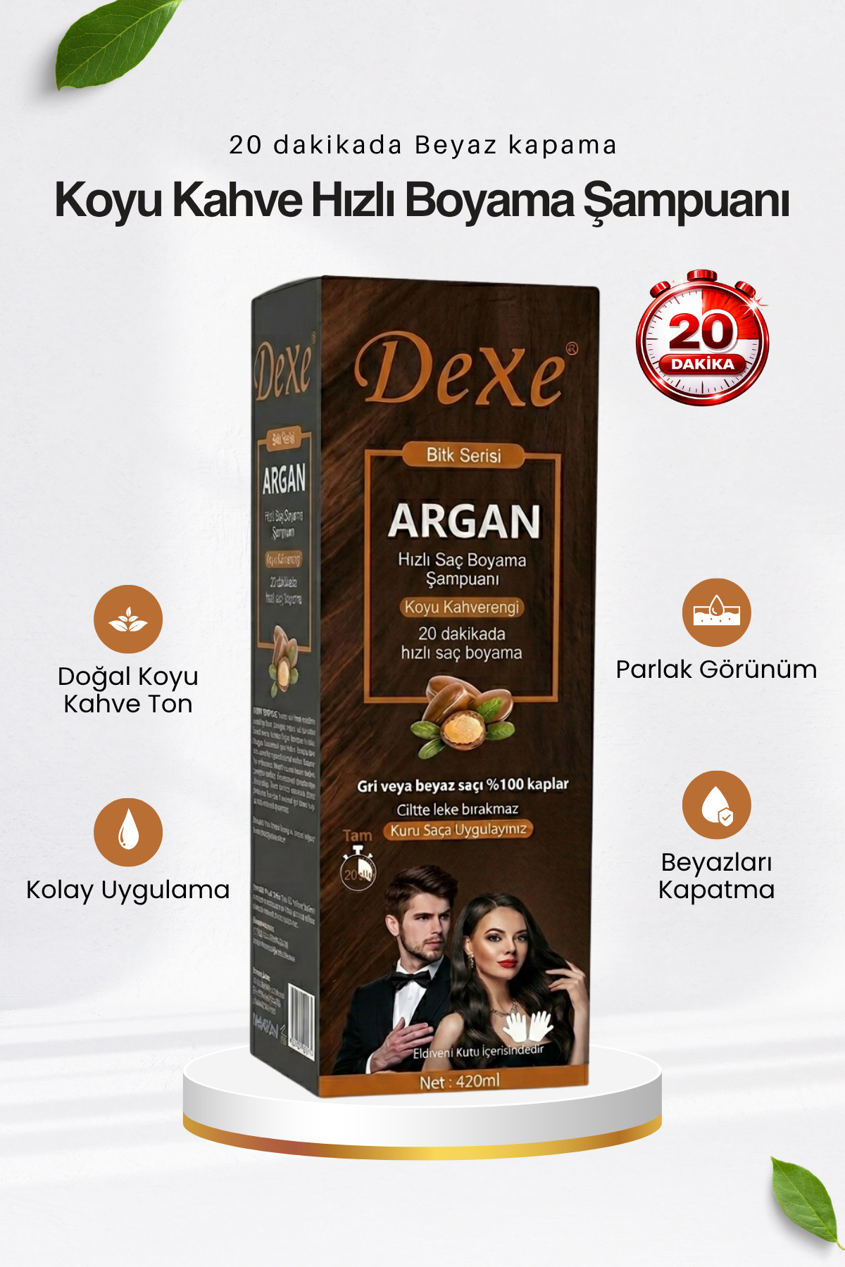 Dexe Argan Özlü Hızlı Saç Boyama Şampuanı Koyu Kahverengi 420 ml – 30 Dakikada %100 Beyaz Kapatma