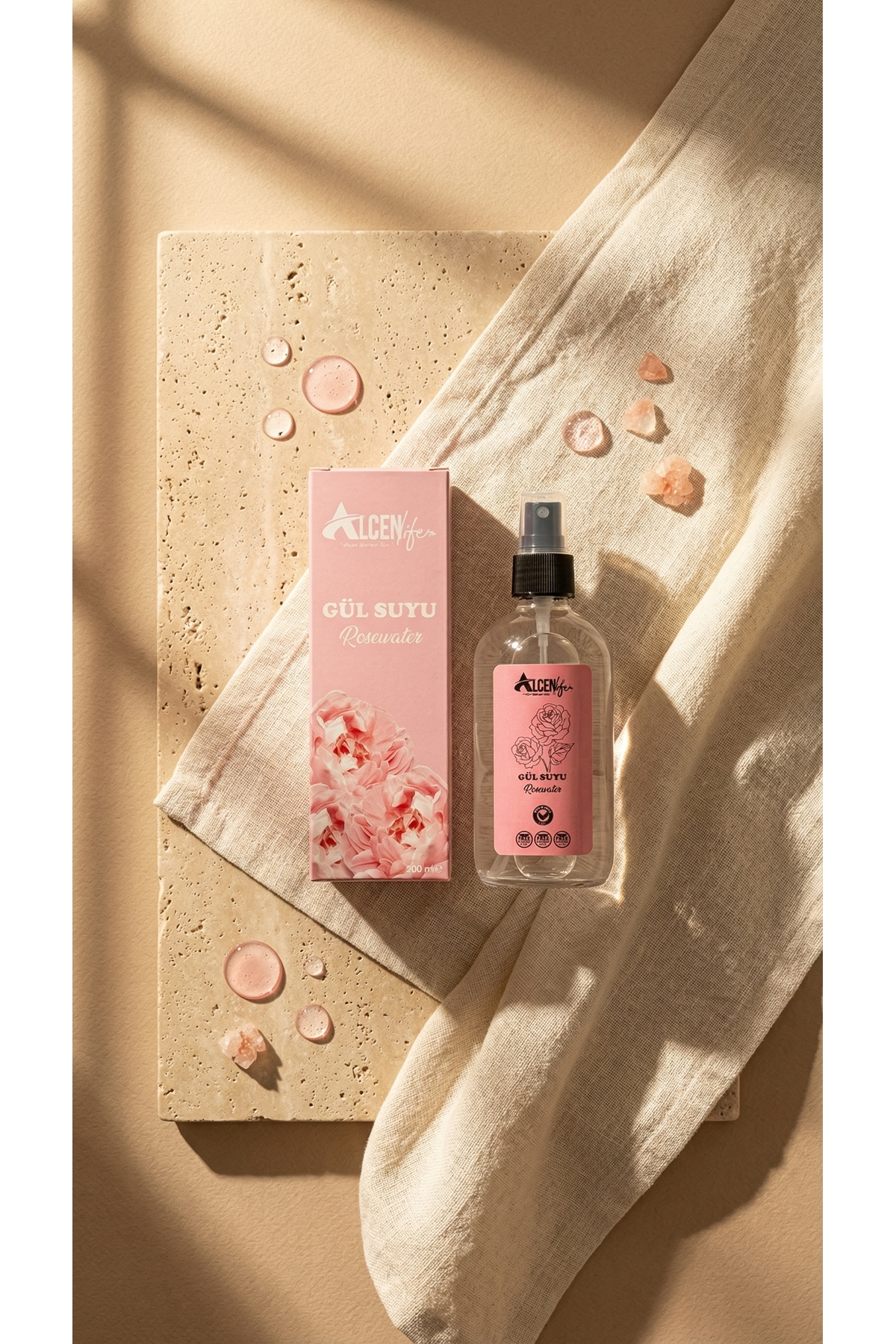 ALCEN LİFE Gül Suyu Cam Şişe 250 mL Saf Organik Cilt Tonik Temizleyici Ferahlık Aroma Güzel Koku Hediye