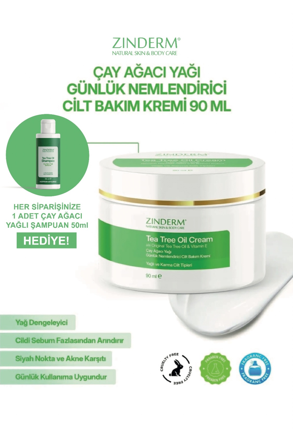 zinderm Çay Ağacı Yağı Kremi Sebum Yağ Dengeleyici El Yüz Vücut Nemlendirici Çay Ağacı Bakım Kremi 90 ml