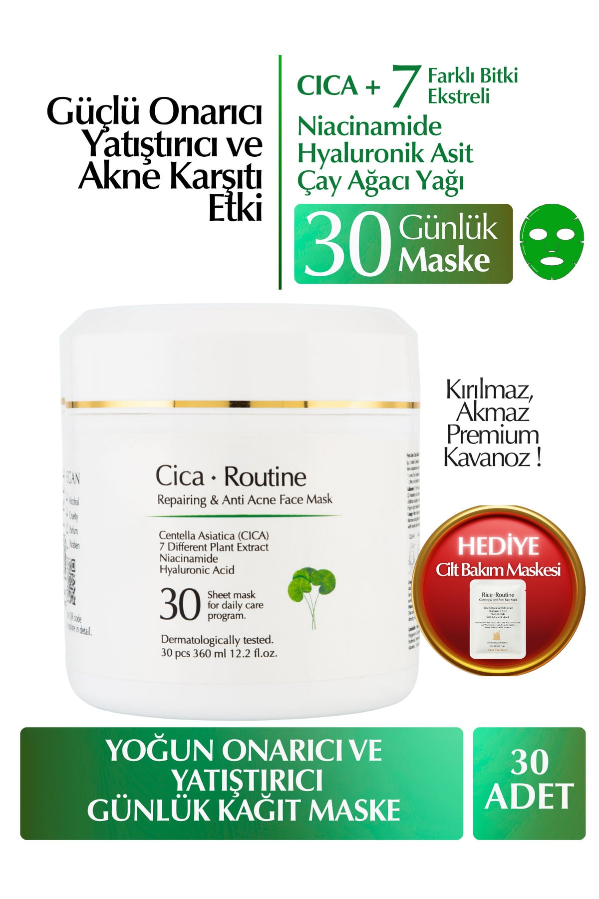 Heraflora Cica Routine Onarıcı, Yatıştırıcı, Kızarıklık ve Akne Karşıtı Günlük 30'lu Kağıt Maske