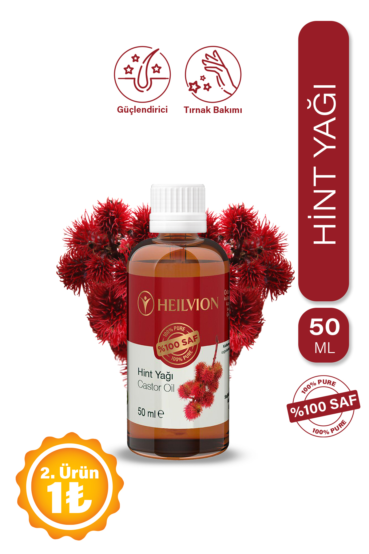 HEILVION Hint Yağı %100 Saf ve Doğal Soğuk Sıkım 50 ML Saç & Cilt Bakım Yağı, Kaş & Kirpik Doğal Destek