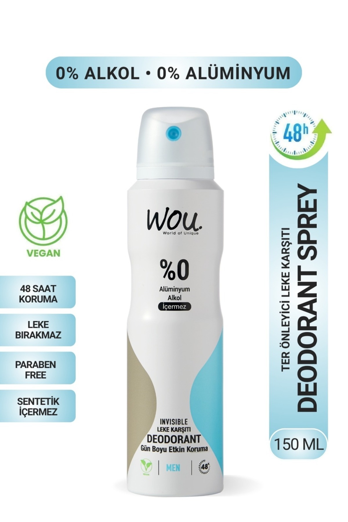 WOU World of Unique Erkek Deodorant Sprey ,Pudrasız,48 Saat Etkin Koruma,Vegan,Alkol İçermez,150ml