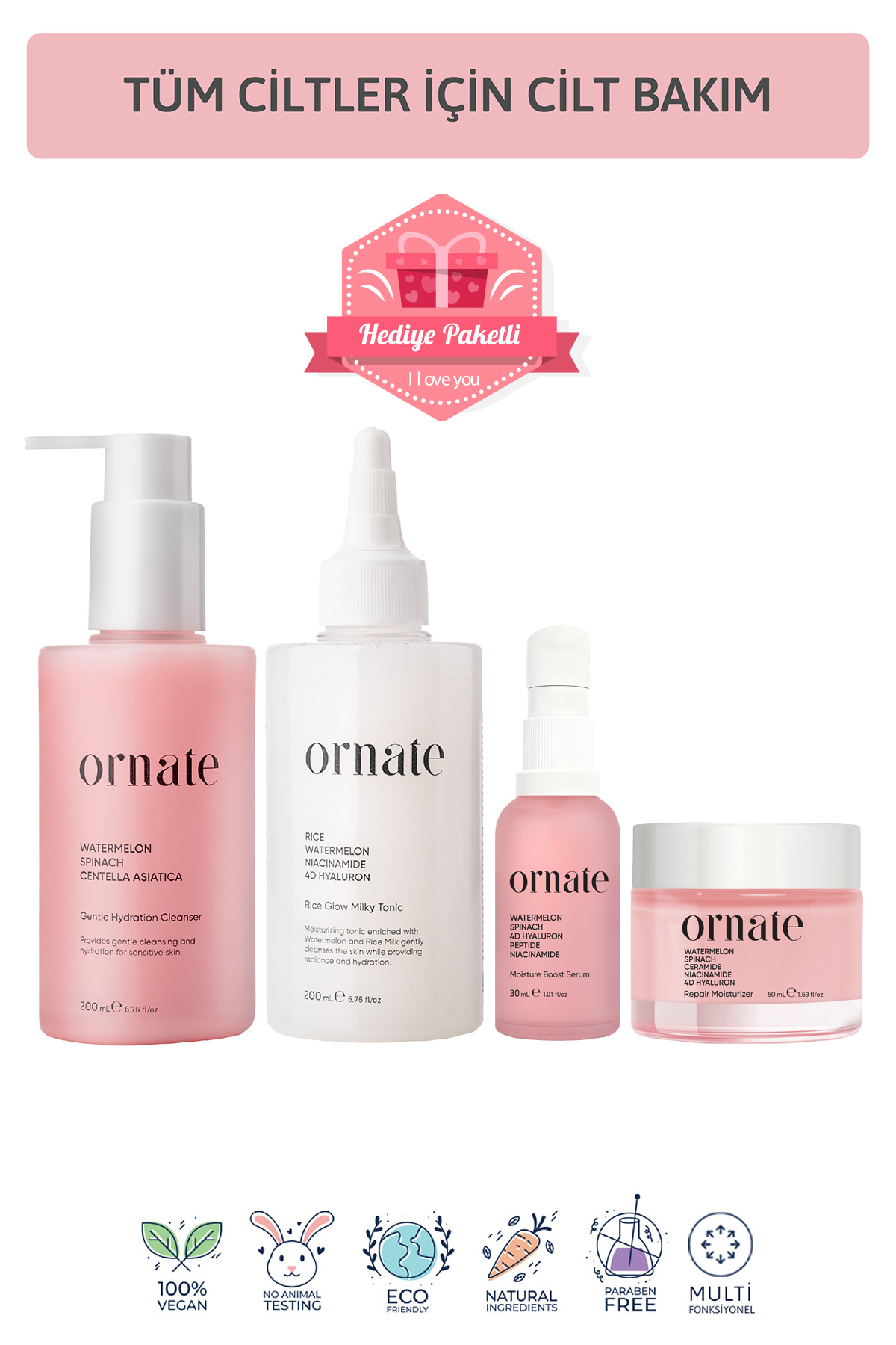 ORNATE Tüm Ciltler için Nemlendirici Peptit Hyaluronik Asit, Niacinamide içeren 4'lü Bakım Seti
